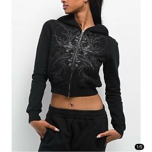 Zumiez Insomnia Visuals Rhinestone Gothic Crop Zip Hoodie Y2K Streetwear XL